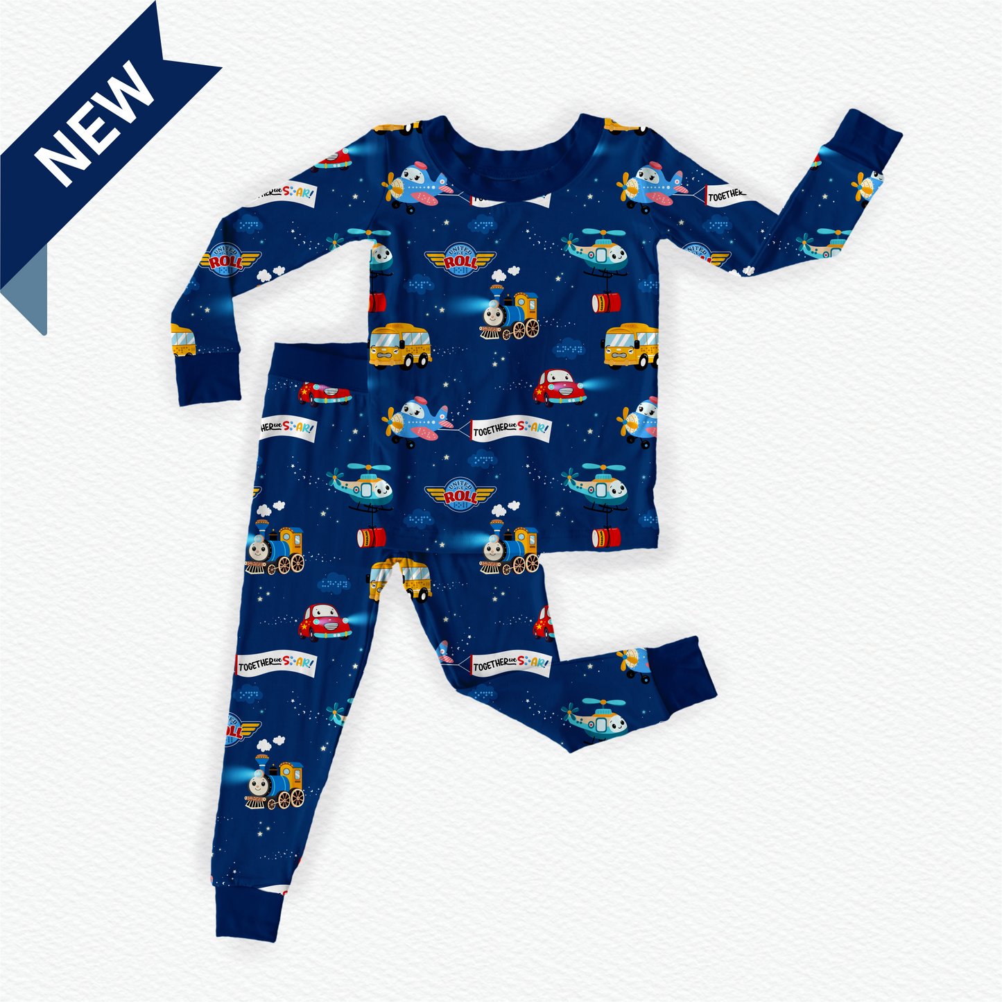 Blue bamboo kids pajamas featuring Transitopia with braille label