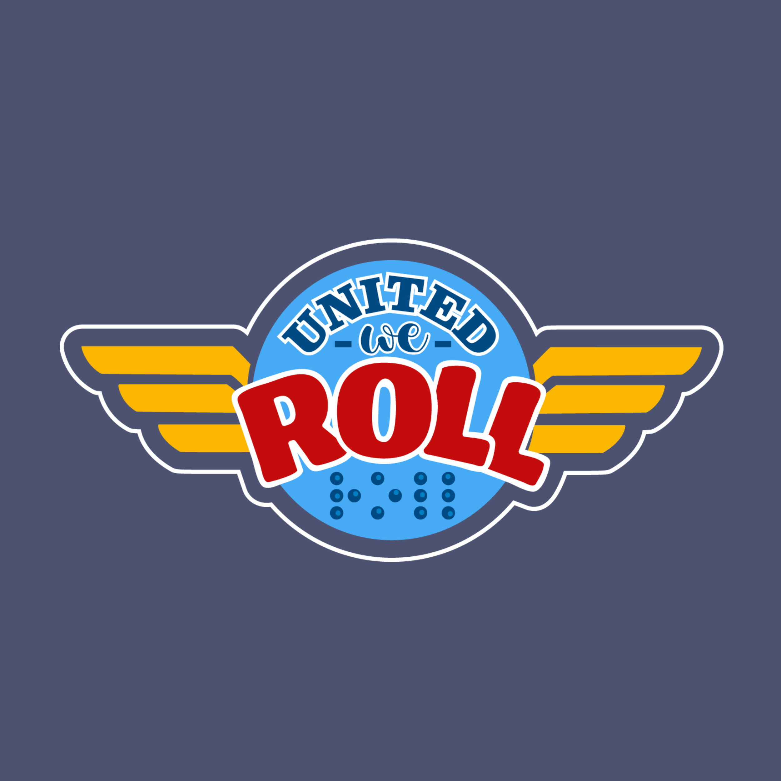 Logo with 'United We Roll' text on a blue background