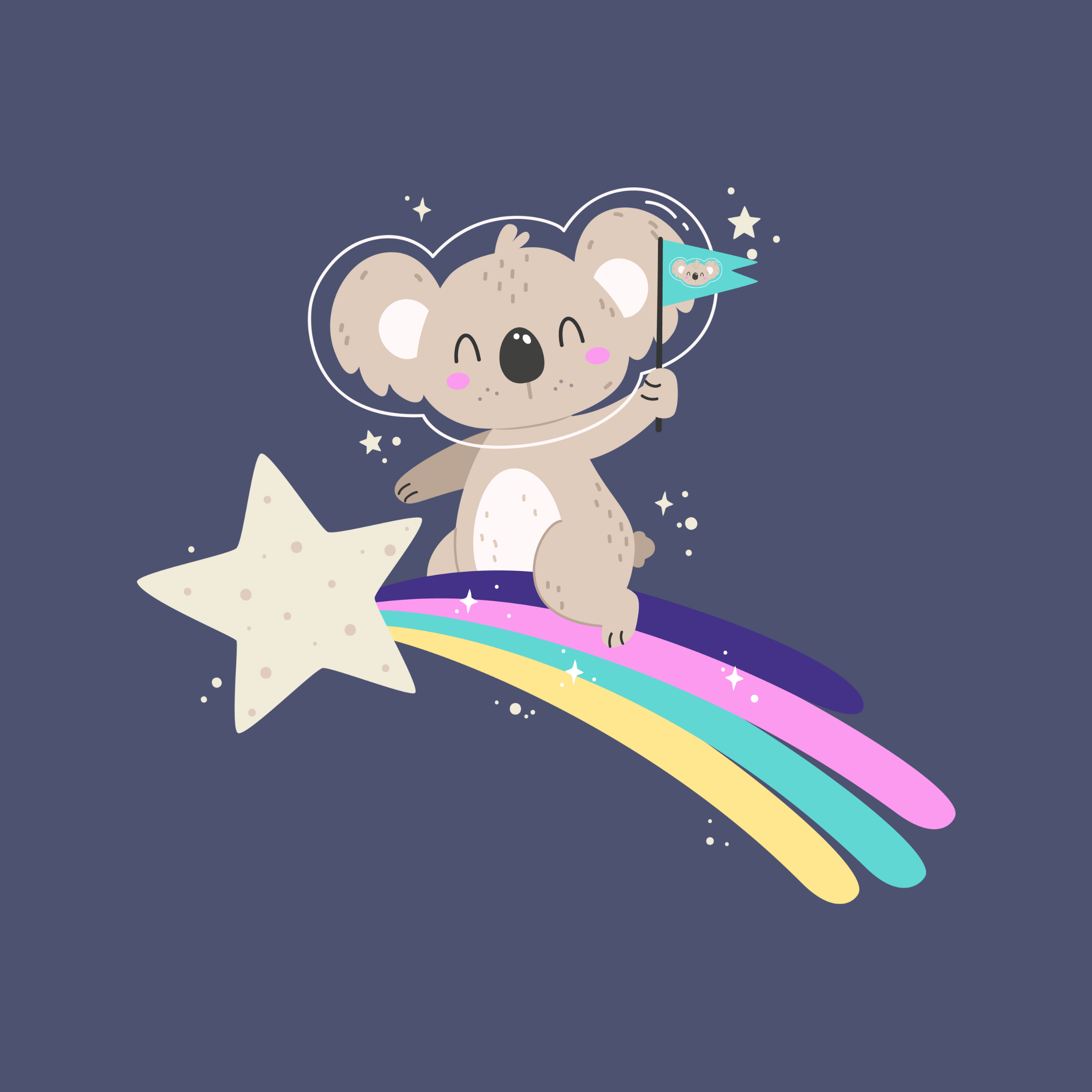 Illustration of a koala on a rainbow with a star, on a dark blue background