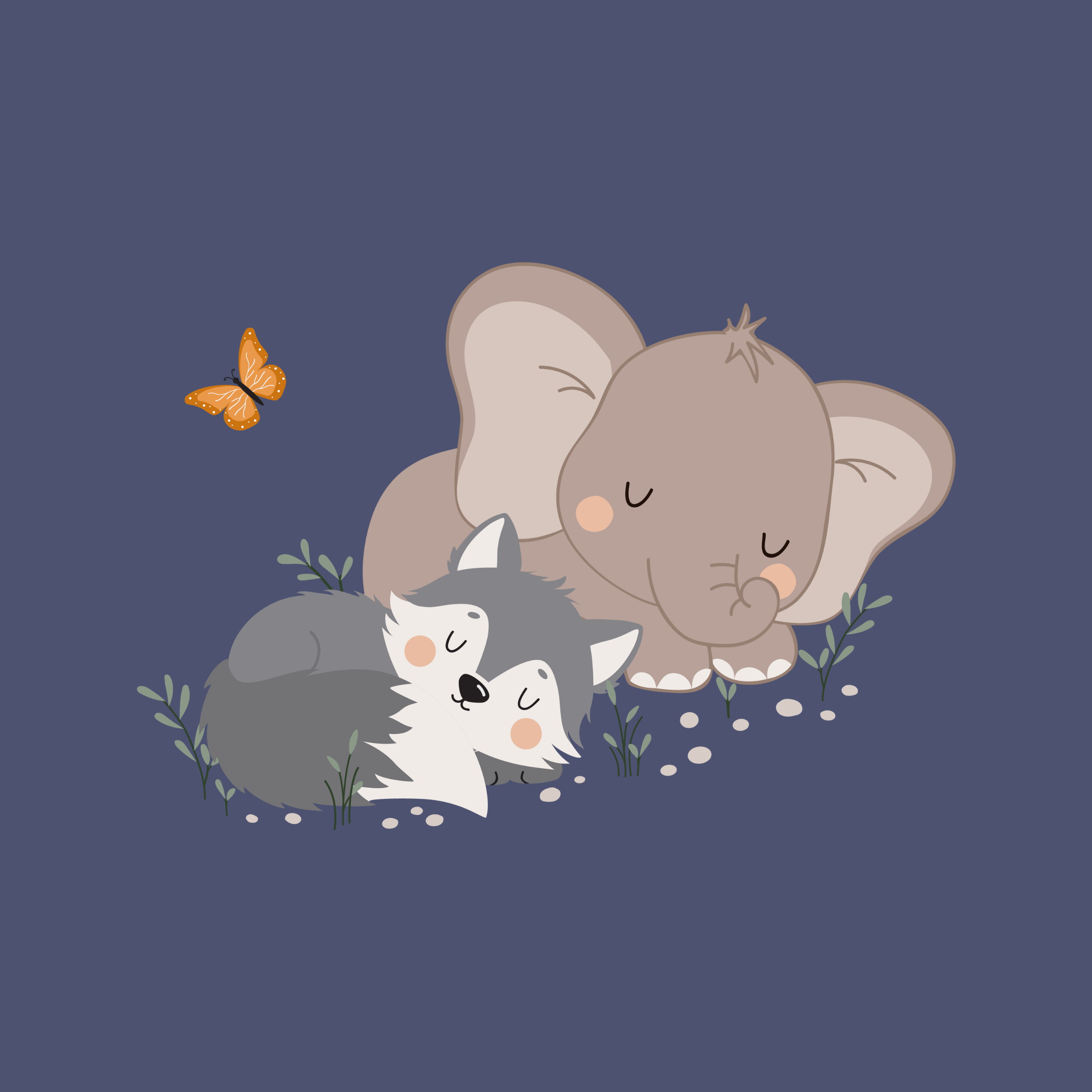 Illustration of a wolf and an elephant with a butterfly on a dark blue background