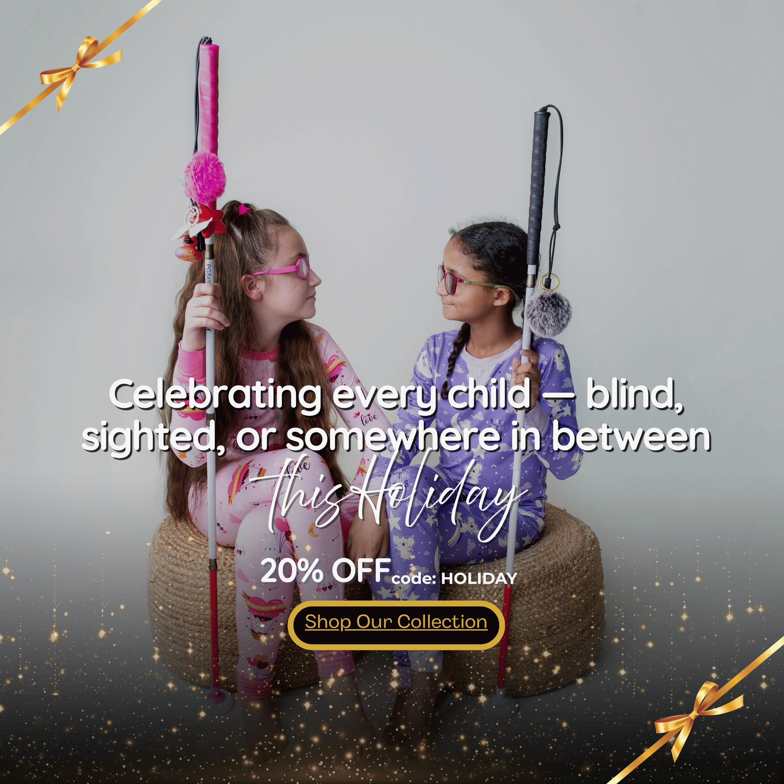 Two children with visual impairments sitting together, surrounded by decorative elements and promotional text.