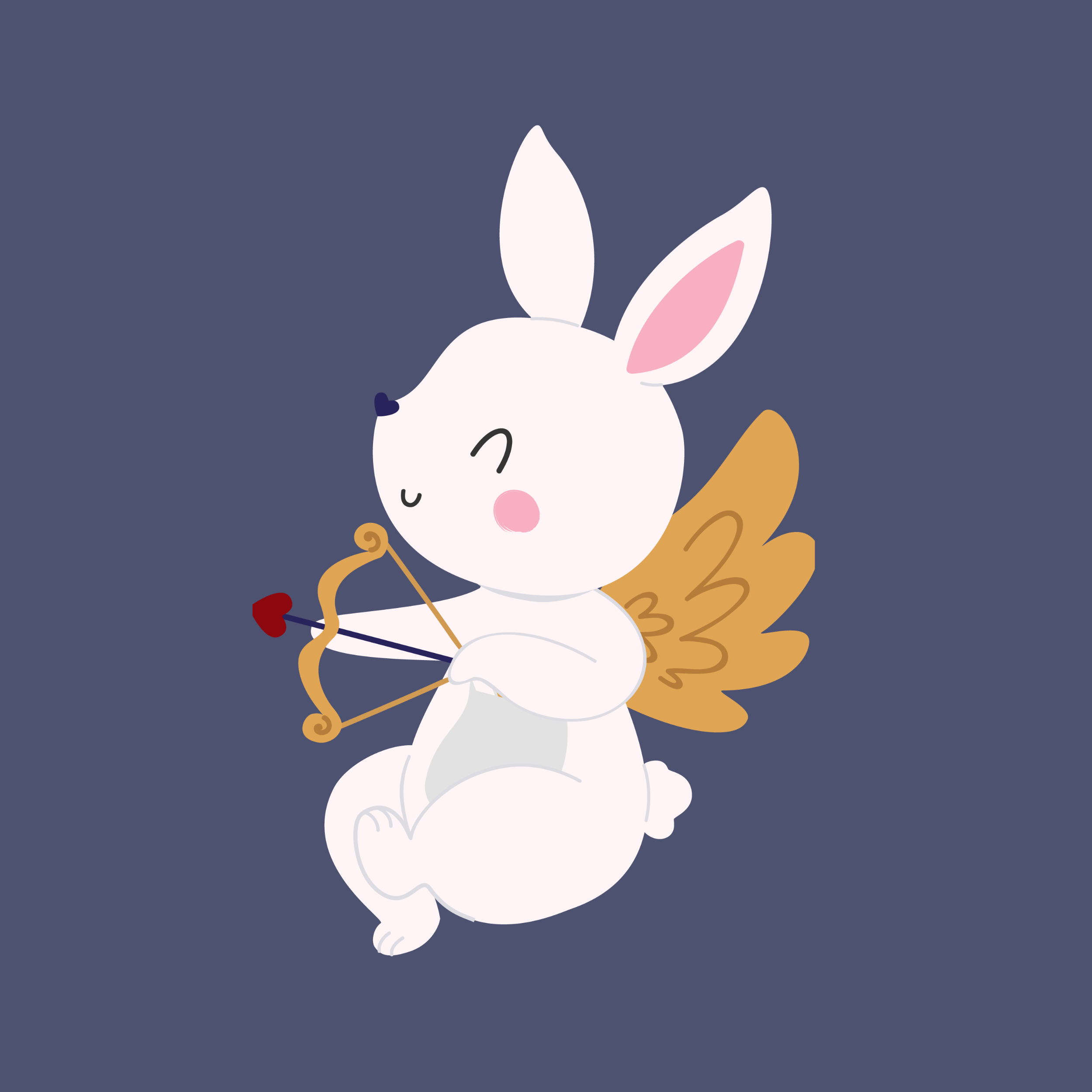 Cartoon bunny with wings holding a bow and arrow on a dark blue background