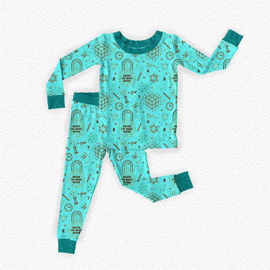 Teal bamboo kids pajamas featuring Math inspired designs 